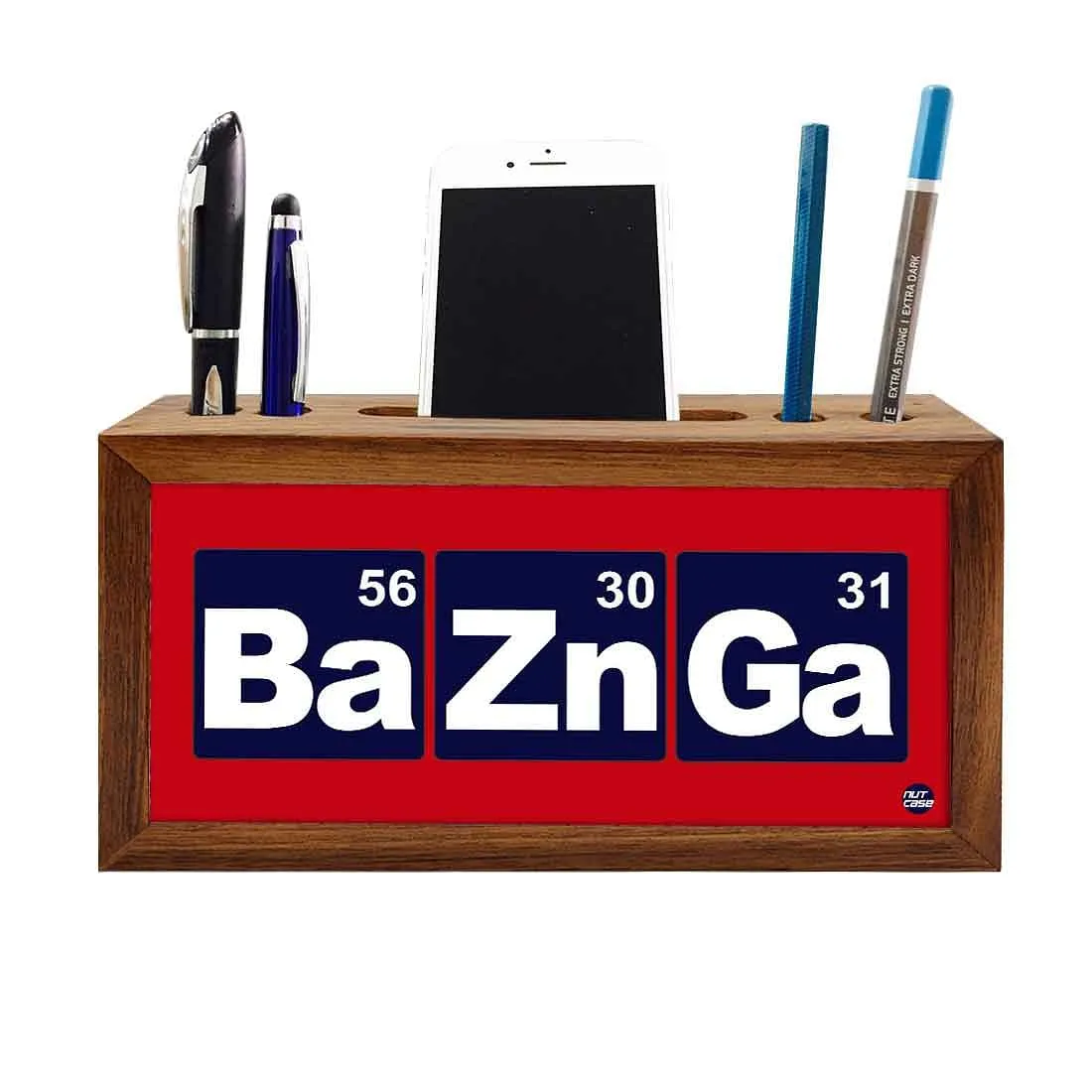 Wooden Mobile and Pen Holder Office Desk Organizer - Bazinga Red