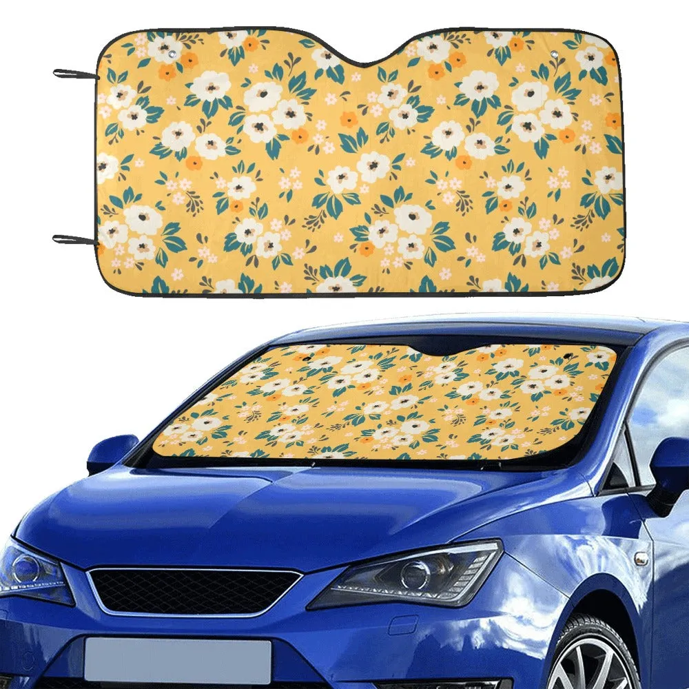 Yellow Floral Cute Sun Windshield, Flowers Car SUV Accessories Auto Shade Protector Front Window Visor Women Girls Screen Cover Decor