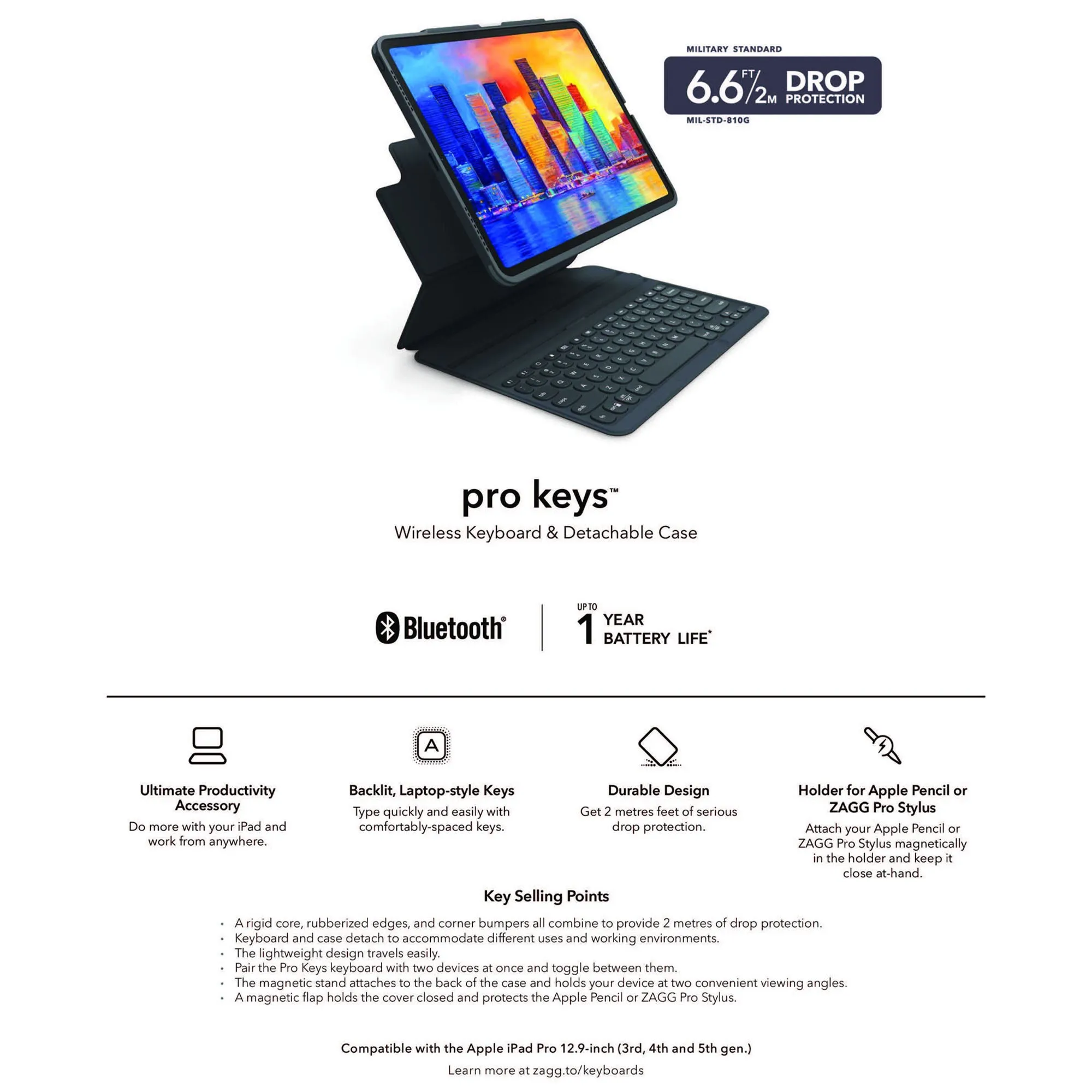 ZAGG Pro Keys Keyboard for iPad Air 13" (2024) M2 / iPad Pro 12.9" ( 2022 / 2021 / 2020 / 2018 ) 3rd - 6th Gen - Black