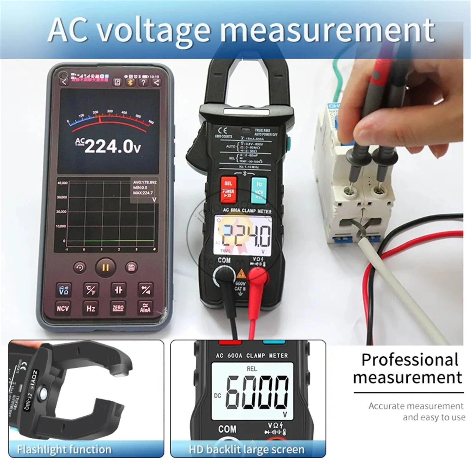 ZOYI ZT-5BQ Digital Bluetooth Multimeter Clamp Meter 6000 Count True RMS DC/AC Voltage Tester AC Current Hz Capacitance Ohm