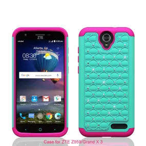 ZTE Grand X3, ZMAX Grand, ZMAX Champ, Warp 7, Avid 916 Case, Rhinestone Case Cover, Slim Hybrid Dual Layer[Shock Resistant] Crystal Rhinestone Studded Case Cover - Teal/Hot Pink